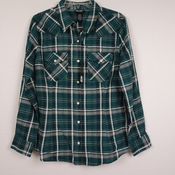 Wrangler Western Shirt Women's Size M Green Plaid Long Sleeve Cowgirl Retro - Picture 1 of 11